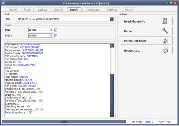 IMEI CERT PATCH A013G WITH Z3X SAMSUNG TOOL PRO