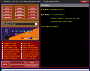 Download Gorontalo MTK Tool V4.5 Updated For Qualcomm Oppo Reno Activated Free Gorontalo MTK Tool V4.5 Free Activator Auto Loader Added Gorontalo MTK Tool Supported Brands: oppo Samsung vivo realme Xiaomi  infinix Lenovo  Huawei Asus Meizu Tecno other MTK More devices suported  Gorontalo MTK Tool Featured Functions Format Factory Erase FRP Format OLD Type Safe Format Data Bypass Auth MTK Backup Dump Boot Erase FRP New OS Remove Demo VIVO Erase NV (Baseband) Read Dump Preloader Erase FRP (Samsung) Backup OEM (Huawei) Erase Mi Cloud TAM Restore OEM (Huawei) (UBL)Unlock Bootloader Remove Demo CPH/RMX Gorontalo MTK Tool V4.5 Fastboot Mode Read Info VIVO, Xiaomi, Huawei Install all driver Qualcomm 9008 and all mtk soc's Gorontalo MTK Tool Changelog !!! Qualcomm OPPO-Realme-RENO Models Support !!! OPPO CPH OPPO A53s (CPH2139) OPPO A33 (CPH2137) OPPO F17 (CPH2095) OPPO F19 (CPH2219) OPPO A53 (CPH2127) OPPO A73 (CPH2099) OPPO A74 (CPH2219) OPPO A95 (CPH2365) RENO- Realme RENO 4 (CPH2113) RENO 5 (CPH2159) RENO 6 (CPH2235) Realme 7i (RMX2103) Realme C15 (RMX2195) Realme C17 (RMX2101) Support Function OPPO-RENO-Realme: Erase Frp - Google Account Pattern - PIN Video Guide On How To Install Activate and Use Gorontalo MTK Tool V4.5  WATCH NOW Download Gorontalo MTK Tool V4.5 Updated For Qualcomm Oppo Reno Activated Free Gorontalo MTK Tool V4.5 Free Activator Auto Loader Added No Registration / Activated Needed