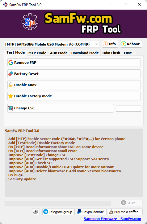SamFw FRP Tool V3.0 - Remove Samsung FRP one click Hi Today, we introducing SamFw FRP Tool version 3.0 Main function: Remove FRP with one click Change CSC with one click (beta) Remove FRP with one click