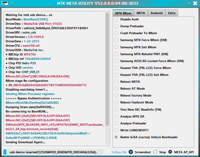 REDMI PERMANENT BOOTLOADER UNLOCK FUNCTION UPDATED TO MTK META UTILITY V52 NO RELOCK FREE TOOL rzfix