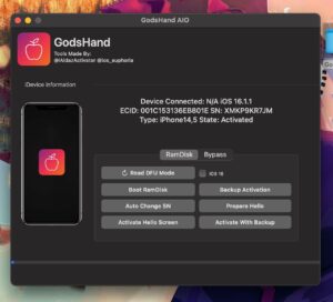 GodsHand GodsHand  is An AIO All-in-one iOS 12 - 16.2 iCloud Bypass tool accompanied by Ramdisk options, Change serial and more functionalities GodsHand AIO Hello Screen Bypass [Complete How to USE Tutorial Video ] UNTETHERED checkm8 IOS 12 13 14 15 16 With GodsHand tool!! No signal. Battery drains Fixed  iPad Air 2 Untethered with signal iCloud bypassed GodsHand passcode bypassed Question is Cellular Signal Bypass Possible with Godshand? No. Cellular is not free. Signal is not free. Only passcode bypass is free with signal. This tool is tethered which means you can’t reboot or yoll have to run the program again. Use GodsHand for untethered Where is windows download? Answer. There is none. And there won't be. This is because of certain limitations due to how the exploits are designed to run. Stop asking about Windows versions, instead install Ubuntu (Linux) on your computer to use our software. Is this free? Answer. Yes. Currently all tools available are free. We plan to release in the future some paid ones for repair shops or developers. GodsHand iCloud Bypass Toolkit for iOS 12 – iOS 16 There are a lot of tools to bypass iCloud on iOS 12 – iOS 16.2, but most of them are released as a paid service. If you need a free software to activate your recycled iPhone or iPad download GodsHand software created by iAldazActivator and Euphoria. What is GodsHand? GodsHand is a cutting-edge toolkit for bypassing iCloud on iOS 12 – iOS 16 devices. It offers a variety of features, including the ability to change the device's serial number, activate the Hello screen, boot the RamDisk, bypass GSM and no signal errors, unlock MDM restrictions, etc. An untethered iCloud Bypass is a type of bypass for iOS devices that allows the device to start up and function normally without the need to be connected to a computer. With an untethered iCloud Bypass, the device will boot as normal and the jailbreak will be persistent, meaning that it will remain even after the device is powered off and restarted. checkm8 devices are supported. GodsHand was released by iAldaz Activator, and it's based on some iCloud bypass techniques presented by Euphoria in his free tools such as Goldra1n, DarkRa1n, or IBoyRamdisk. Those tools are based on Palera1n and checkra1n jailbreaks for iOS 12 – iOS 16.2 and work also on Linux. Warning: It is important to note that bypassing iCloud security measures is not ethical and could potentially compromise user data. Additionally, such activities may be illegal and could result in consequences for those who engage in them. Additionally, GodsHand iCloud Bypass Toolkit not only allows you to bypass iCloud on your device, but also offers useful features to enhance your experience. These features include the ability to bypass broken basebands, option to erase jailbroken or stock iPhones and iPads, ability to backup activation data, and option to bypass GPS and the “no signal” feature. What's more, there is also a solution to fix banking apps that are not running on your bypassed device. DFU (Device Firmware Update) mode is a state that allows an iOS device to be restored from an iTunes backup. It is used to update the firmware on an iPhone or iPad or to fix issues with the device that cannot be resolved through a standard restore. When an iOS device is in DFU mode, it can communicate with iTunes on a computer, but it does not load the operating system or boot loader. GodsHand uses this state to bypass iCloud Activation. If you are having trouble removing the iCloud activation lock, you might consider using the iRemoval PRO iCloud bypass tool for Windows. It's based on the checkra1n jailbreak and is compatible with iOS 12 through iOS 16. Unlike GodsHand, it offers full support once purchased. Supported devices GodsHand iCloud Bypass Toolkit for iOS 12 – iOS 16 supports all checkm8 compatible iPhones and iPads. Be aware that, some models require a DSCD cable that allows communication between a computer and an iOS device in order to access the device's file system. Supported iPhones iPhone 6 & iPhone 6 Plus (only Disable & Passcode and Unavailable with SIM). iPhone SE (required DSCD). iPhone 6s & iPhone 6s Plus (required DSCD). iPhone 7 & iPhone 7 Plus. iPhone 8 & iPhone 8 Plus. iPhone X. Supported iPads iPad Air 2 WiFi iPad5,3 (A1566) (required DSCD). iPad Air 2 4G iPad5,4 (A1567) (required DSCD). iPad Mini 4 WiFi iPad5,1 (A1538) (required DSCD). iPad Mini 4 4G iPad5,2 (A1550) (required DSCD). iPad 5 2017 WiFi iPad6,11 (A1822) (required DSCD). iPad 5 2017 4G iPad6,12 (A1823) (required DSCD). iPad 6 2018 WiFi iPad7,5 (A1893). iPad 6 2018 4G iPad7,6 (A1954). iPad 7 2019 WiFi iPad7,11 (A2197). iPad 7 2019 4G iPad7,12 (A2198)(A2200). iPad Pro 10.5 WiFi iPad7,3 (A1701). iPad Pro 10.5 4G iPad7,4 (A1709) (A1852). iPad Pro 12.9 2nd Gen WiFi iPad7,1 (A1670). iPad Pro 12.9 2nd Gen 4G iPad7,2 (A1671) (A1821). iPad Pro 9.7 WiFi iPad6,3 (A1673) (required DSCD). iPad Pro 9.7 4G iPad6,4 (A1674)(A1675) (required DSCD). iPad Pro 12.9 WiFi iPad6,7 (A1584) (required DSCD). iPad Pro 12.9 4G iPad6,8 (A1652) (required DSCD). How to install GodsHand GodsHand is a freeware software exclusively available for macOS and there are currently no plans to release it for Windows or Linux. Due to macOS restrictions related to malware protection and unidentified developer, the app may not open or install upon download. To install GodsHand.pkg on your macOS, follow those steps: Enter the following commands in the terminal app: sudo xattr -d http://com.apple.quarantine ./GodsHand.pkg ​​​​​​​sudo chmod +x ./GodsHand.pkg Double-click on the GodsHand.pkg installer. Tap on  → System Preferences → Privacy & Security. In Security section allow GodsHand.pkg on “Allow anyway”. Double-click on the GodsHand.pkg and follow on-screen instructions. ​​​​​​​ How to use GodsHand GodsHand iCloud Bypass for iOS 12 – iOS 16 offers a variety of features to unlock an iPhone or iPad running iOS 12, iOS 13, iOS 14, iOS 15, and iOS 16. It's only for checkm8​​​​​​​ compatible A5–A11 devices, and it will not work on newer devices such as iPhone XS and later. Warning: Unable to find any usb serial modem in this machine. If you wish to continue if you have DCSD or Alex cable, Plug it to your computer and click “Use DCSD Cable”. ​​​​​​​ To Activate Hello Screen on iOS 12 – iOS 16 with GodsHand iCloud Bypass, follow those steps: Open GodsHand app from the Application folder. Connect your iPhone or iPad to the computer via USB cable. Put your device into DFU mode to continue. Click on Auto Change SN to modify the serial number. When completed a Successful Serial Change dialog will appear. Close the dialog box and wait to boot your iDevice in normal mode. Next, click on “Preparer Hello” option from GodsHand. Put your iPhone or iPad again into DFU mode. Click on “Boot RamDisk” and wait until the process is competed. Finally, click “Activate Hello Screen” to access the Home Screen.​​​​​​​ What's new Updated GodsHand to newer version. Added support for iOS 16. Included option to bypass Signal. Added feature to bypass GSM. Fix Apps Banks. Download FREE GodsHand Tool For iOS 12 - 16.2 iCloud Bypass tool IAASTeam.com