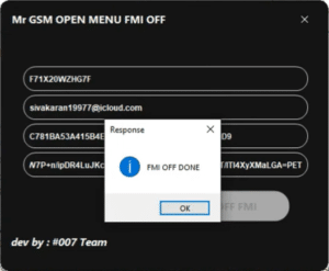 MR GSM Open Menu FMI OFF 100% - New Method - All iPhone iPAD iMac Supported - FREE Limited Time Release 4.0 2024 Dev by : #007 Team New FMI OFF Method for Apple Devices: Unlock FMI Lock Open Menu iDevice with Mr. GSM's Expertise