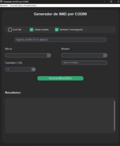 COD99 CODRAK GRATIS -Jose Antonio FREE Release 2024 - ℹ️1.5 - IMEI Generator Utility Here are the main features of the COD99 version 1.5 mobile repair utility software: Enhancements and New Features Generador de IMEI por COD99 Dual SIM Validate Model 